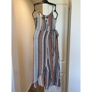 En Crème Hi-Lo Wrap Cotton Dress In Muted Multicolored Stripes, Size S.